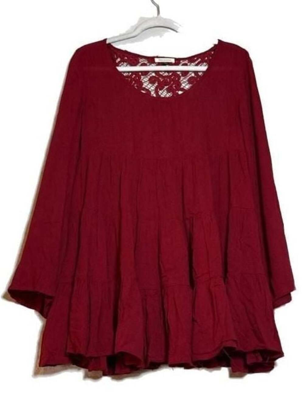 M Phanuel Burgundy Tiered Long Sleeve Dress with Lace Back Detail